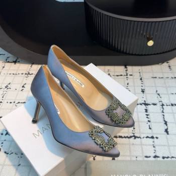 Manolo Blahnik Hangisi Satin Pumps 7cm with Strass Buckle Dusty Blue 2024 1225 (KL-241225009)