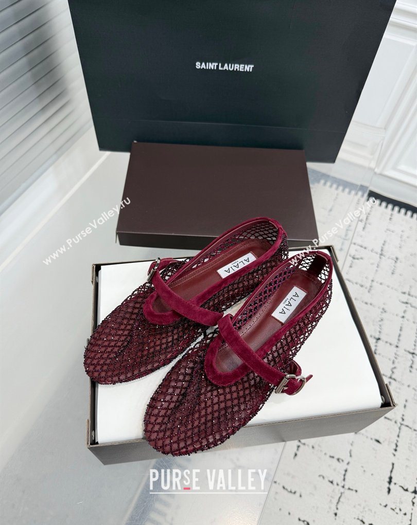 Alaia Ballet Flats in Fishnet and Suede with Strass Burgundy 2025 AL020702 (KER-260207050)
