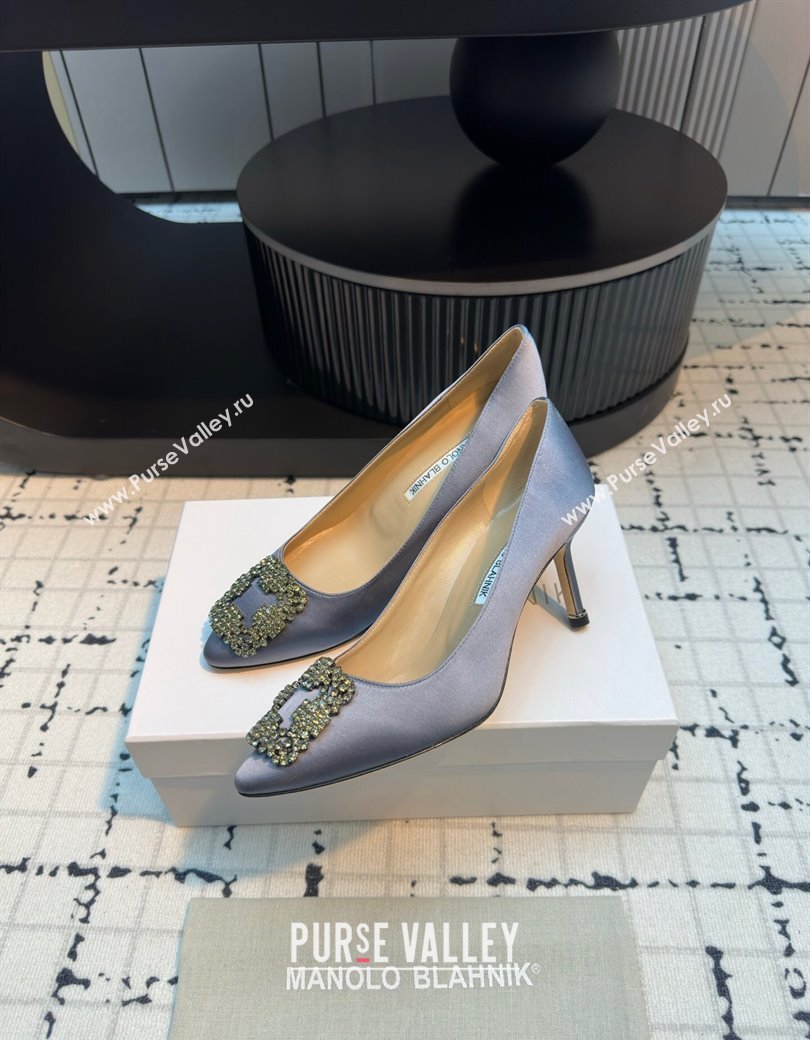 Manolo Blahnik Hangisi Satin Pumps 7cm with Strass Buckle Dusty Blue 2024 1225 (KL-241225009)