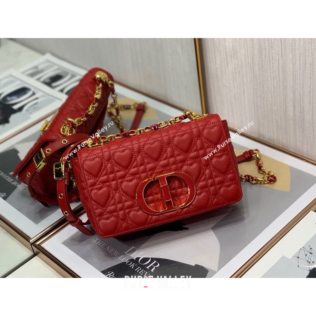 Dior Small Dioramour Caro Bag in Bright Red Cannage Calfskin with Heart Motif 2021 (XXG-21090801)