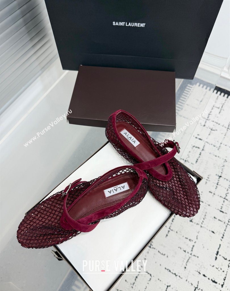 Alaia Ballet Flats in Fishnet and Suede with Strass Burgundy 2025 AL020702 (KER-260207050)