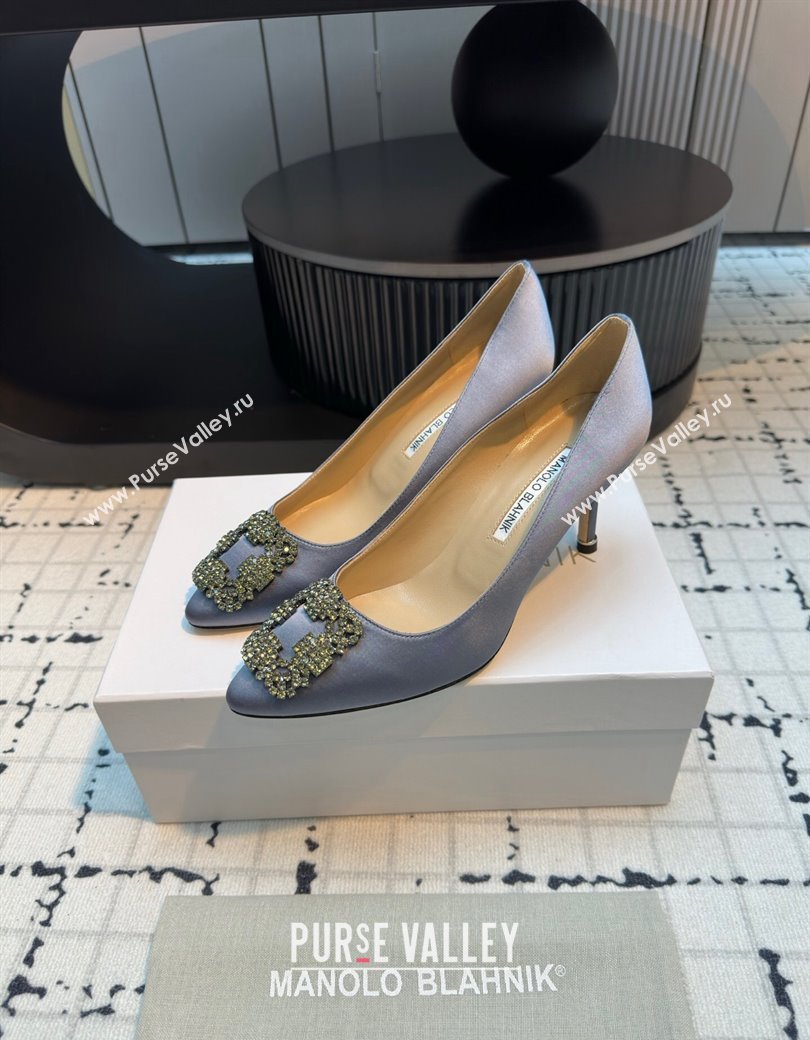 Manolo Blahnik Hangisi Satin Pumps 7cm with Strass Buckle Dusty Blue 2024 1225 (KL-241225009)