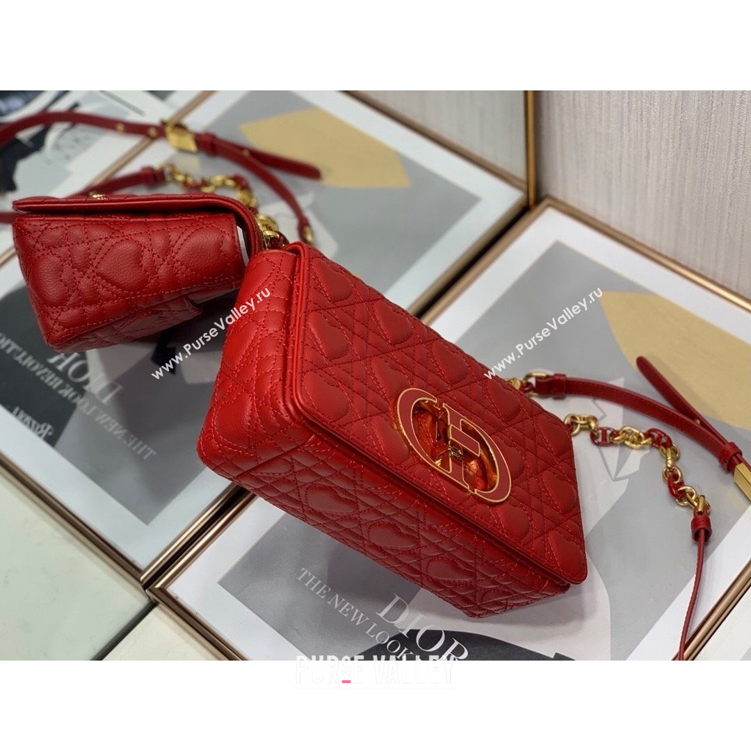 Dior Small Dioramour Caro Bag in Bright Red Cannage Calfskin with Heart Motif 2021 (XXG-21090801)