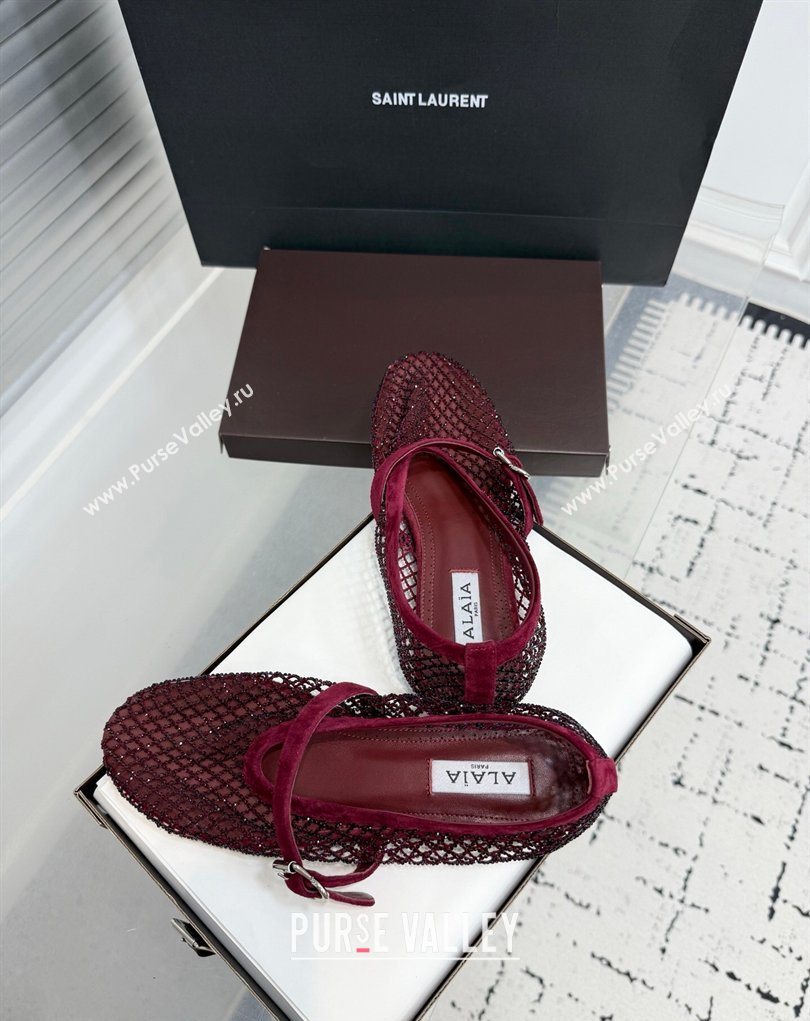 Alaia Ballet Flats in Fishnet and Suede with Strass Burgundy 2025 AL020702 (KER-260207050)