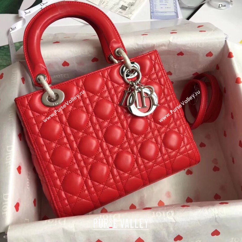 Dior Medium Lady Dior Bag in Cannage Lambskin 44532 Red/Silver 2024 (DMZ-24041625)