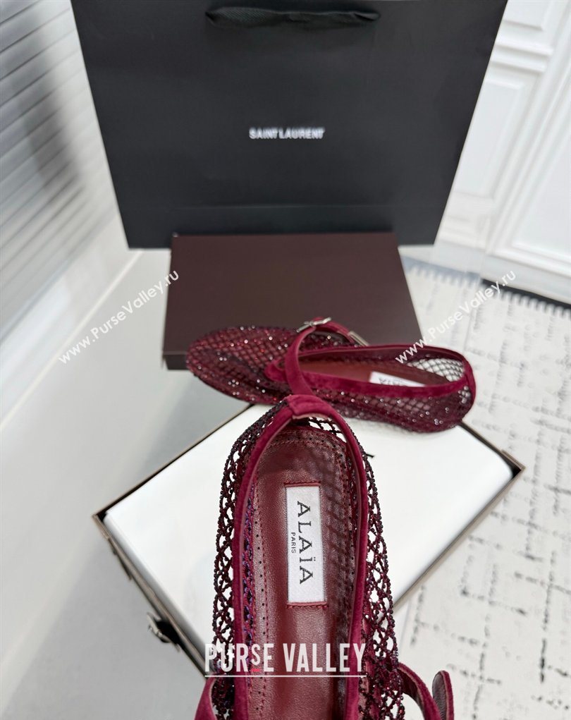 Alaia Ballet Flats in Fishnet and Suede with Strass Burgundy 2025 AL020702 (KER-260207050)