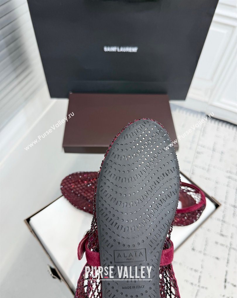 Alaia Ballet Flats in Fishnet and Suede with Strass Burgundy 2025 AL020702 (KER-260207050)
