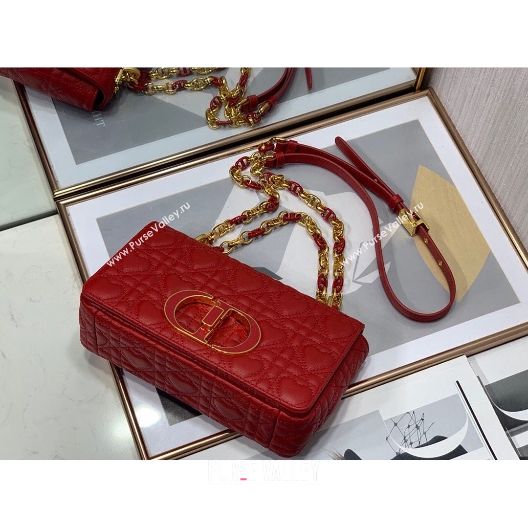 Dior Small Dioramour Caro Bag in Bright Red Cannage Calfskin with Heart Motif 2021 (XXG-21090801)