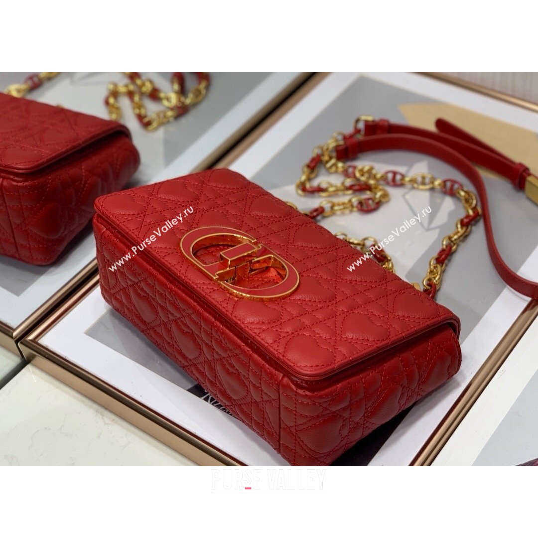 Dior Small Dioramour Caro Bag in Bright Red Cannage Calfskin with Heart Motif 2021 (XXG-21090801)