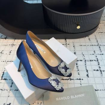 Manolo Blahnik Hangisi Satin Pumps 7cm with Strass Buckle Royal Blue 2024 1225 (KL-241225010)