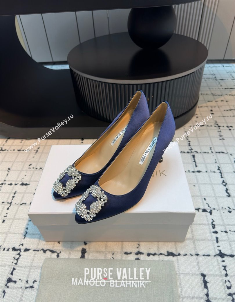 Manolo Blahnik Hangisi Satin Pumps 7cm with Strass Buckle Royal Blue 2024 1225 (KL-241225010)