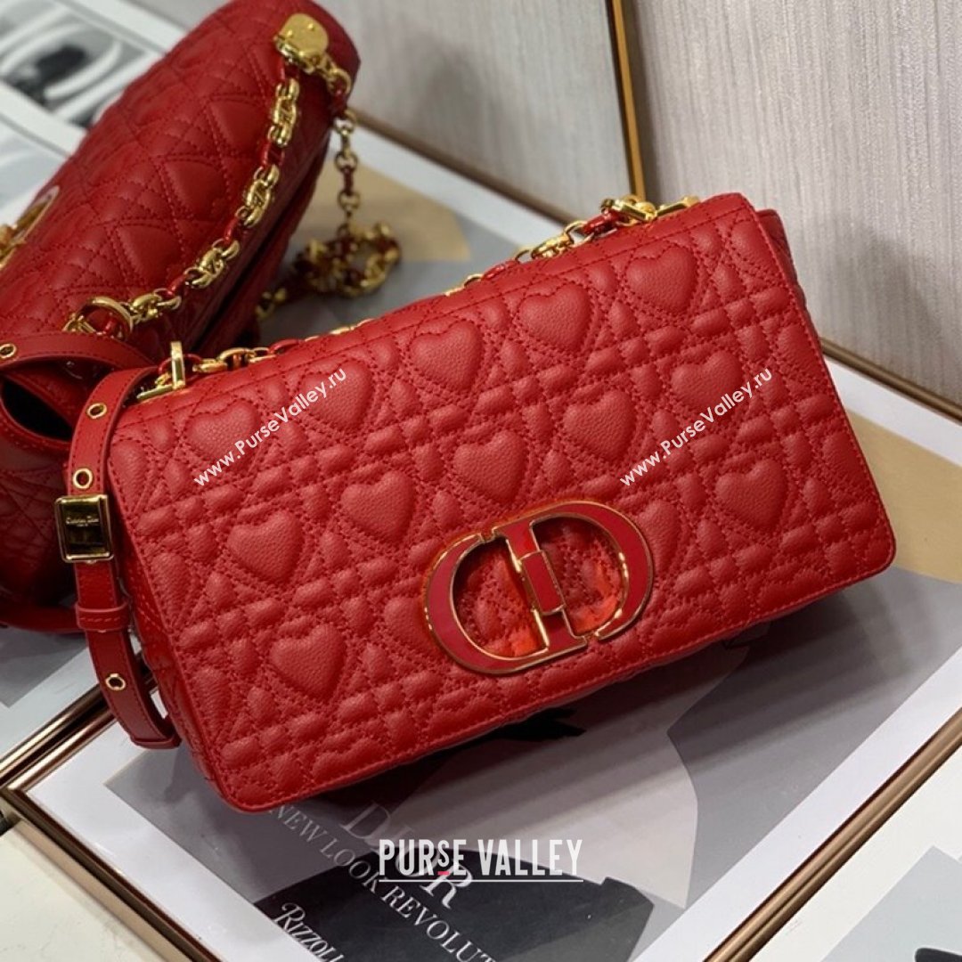 Dior Medium Dioramour Caro Bag in Bright Red Cannage Calfskin with Heart Motif 2021 (XXG-21090802)