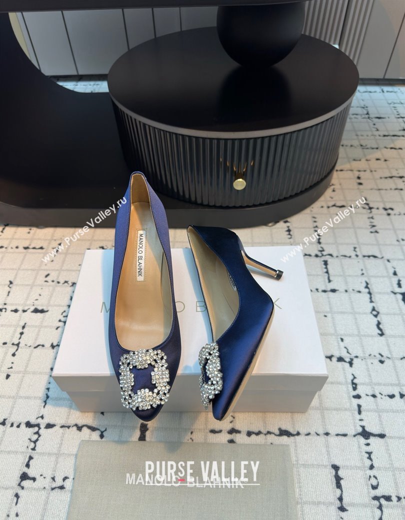 Manolo Blahnik Hangisi Satin Pumps 7cm with Strass Buckle Royal Blue 2024 1225 (KL-241225010)