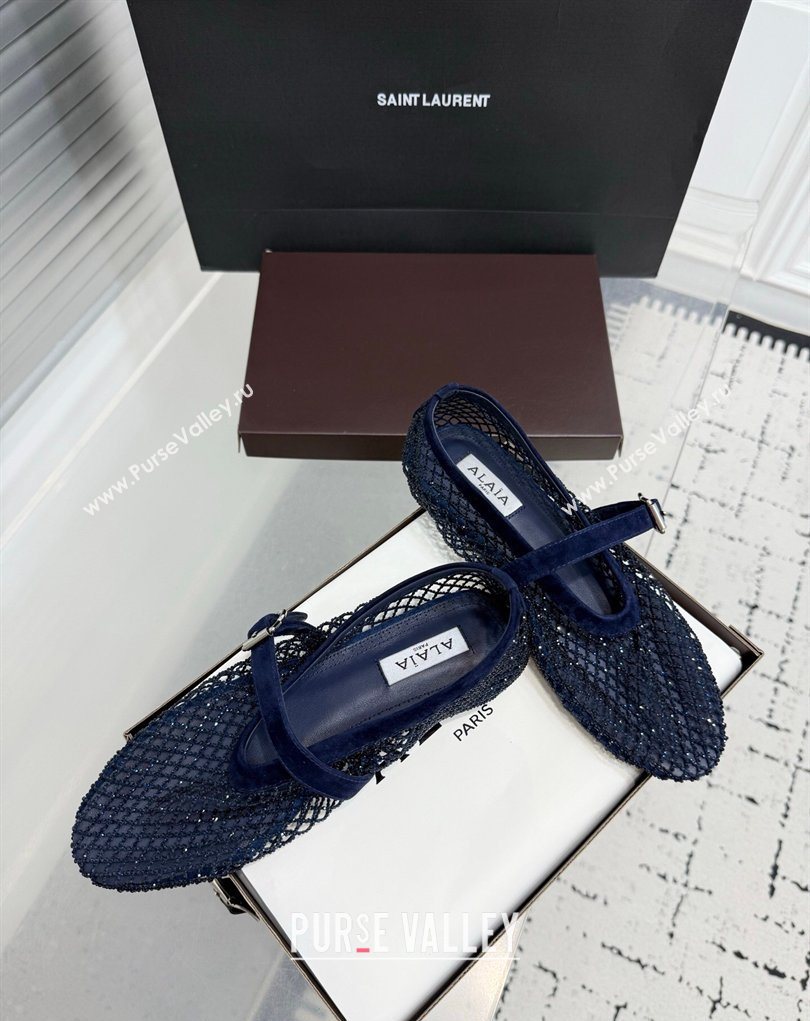 Alaia Ballet Flats in Fishnet and Suede with Strass Royal Blue 2025 AL020702 (KER-260207051)