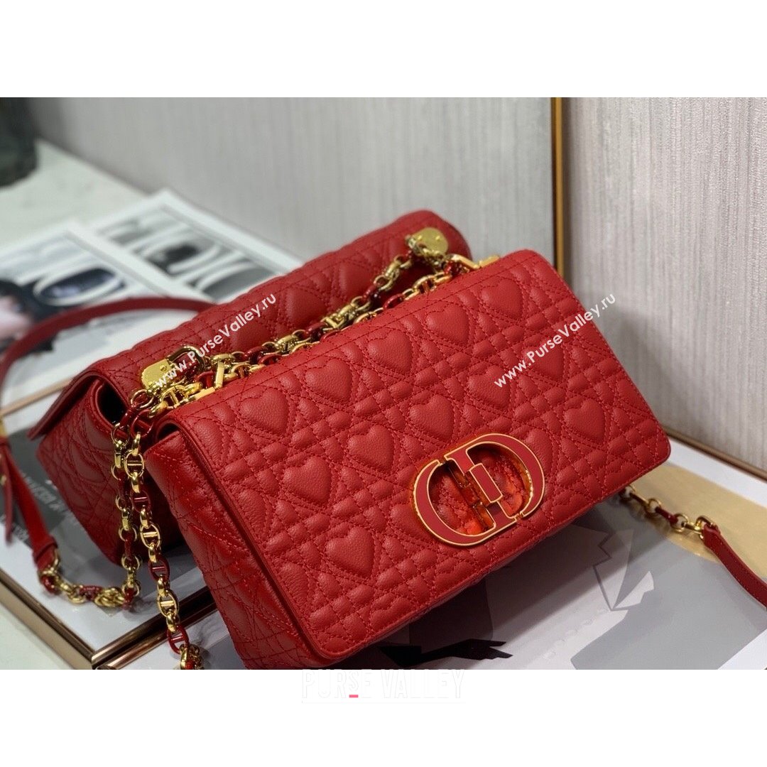 Dior Medium Dioramour Caro Bag in Bright Red Cannage Calfskin with Heart Motif 2021 (XXG-21090802)