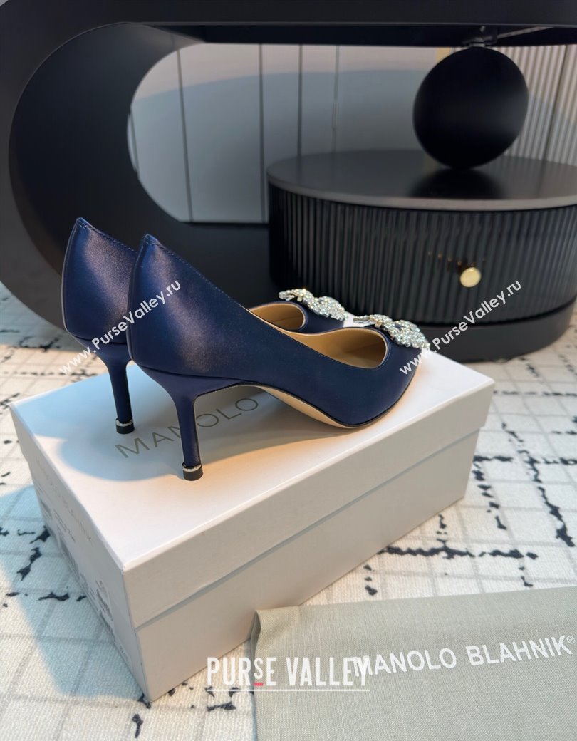 Manolo Blahnik Hangisi Satin Pumps 7cm with Strass Buckle Royal Blue 2024 1225 (KL-241225010)