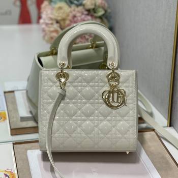 Dior Medium Lady Dior Bag in Cannage Patent Leather 44532 White/Gold 2024 (DMZ-24041626)