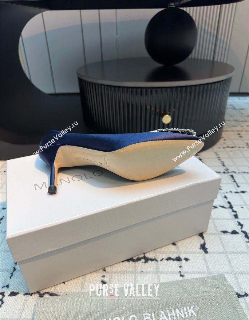 Manolo Blahnik Hangisi Satin Pumps 7cm with Strass Buckle Royal Blue 2024 1225 (KL-241225010)