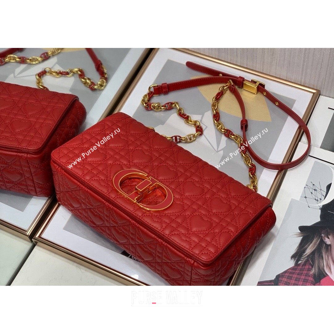 Dior Medium Dioramour Caro Bag in Bright Red Cannage Calfskin with Heart Motif 2021 (XXG-21090802)