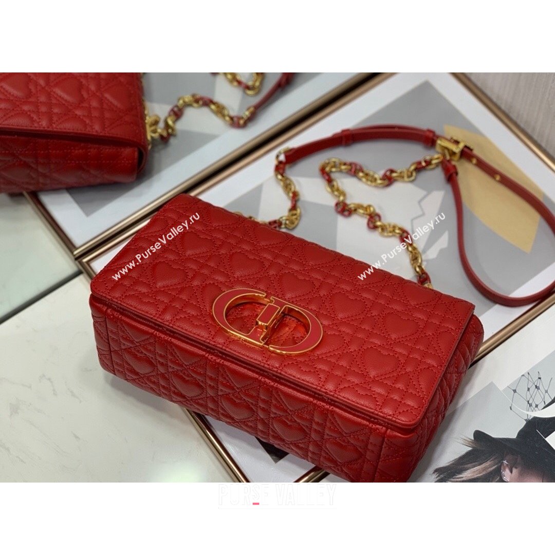 Dior Medium Dioramour Caro Bag in Bright Red Cannage Calfskin with Heart Motif 2021 (XXG-21090802)