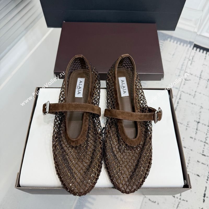 Alaia Ballet Flats in Fishnet and Suede with Strass Dark Brown 2025 AL020702 (KER-260207052)