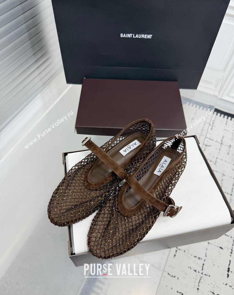 Alaia Ballet Flats in Fishnet and Suede with Strass Dark Brown 2025 AL020702 (KER-260207052)
