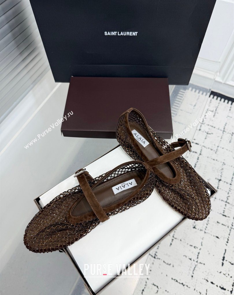 Alaia Ballet Flats in Fishnet and Suede with Strass Dark Brown 2025 AL020702 (KER-260207052)