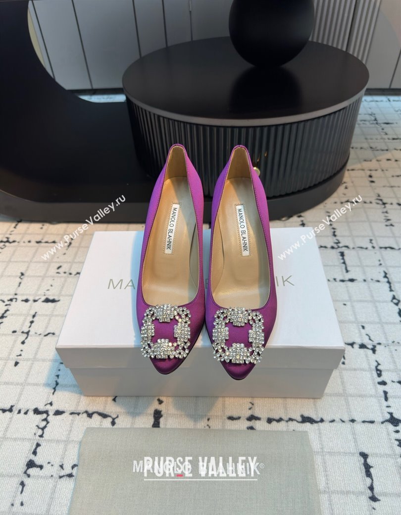 Manolo Blahnik Hangisi Satin Pumps 7cm with Strass Buckle Dark Purple 2024 1225 (KL-241225012)