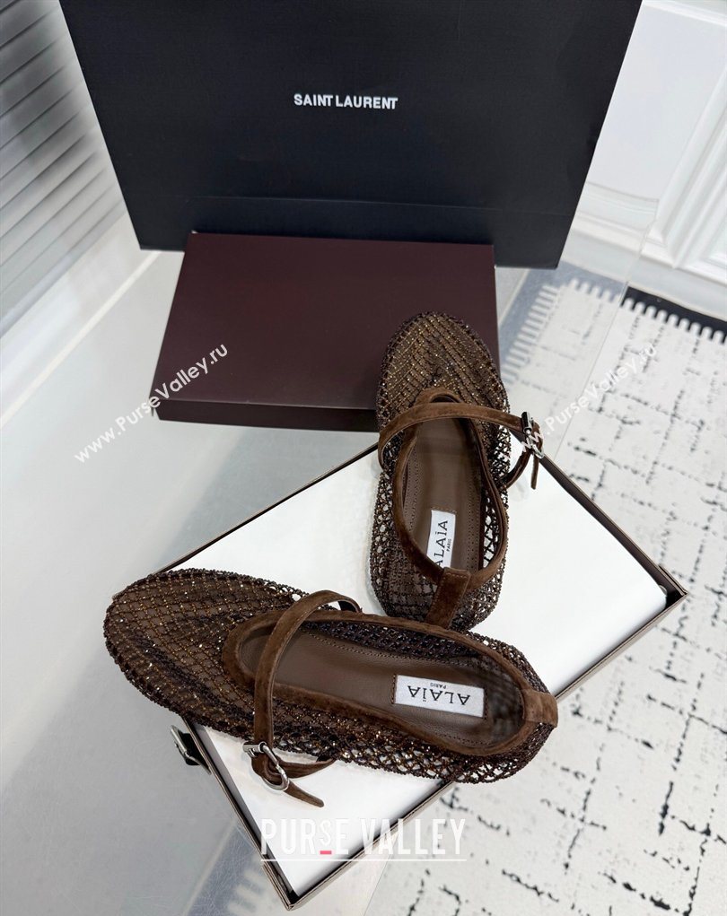 Alaia Ballet Flats in Fishnet and Suede with Strass Dark Brown 2025 AL020702 (KER-260207052)