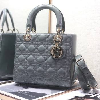 Dior Medium Lady Dior Bag in Cannage Patent Leather 44532 Grey/Gold 2024 (DMZ-24041627)