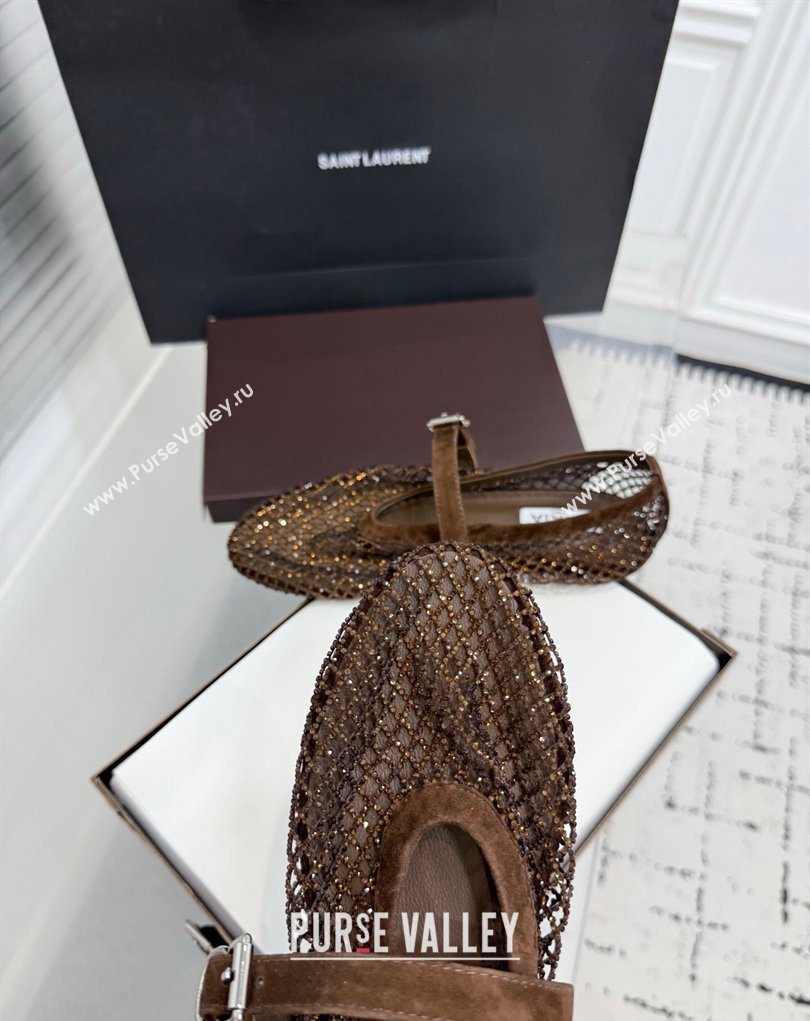 Alaia Ballet Flats in Fishnet and Suede with Strass Dark Brown 2025 AL020702 (KER-260207052)