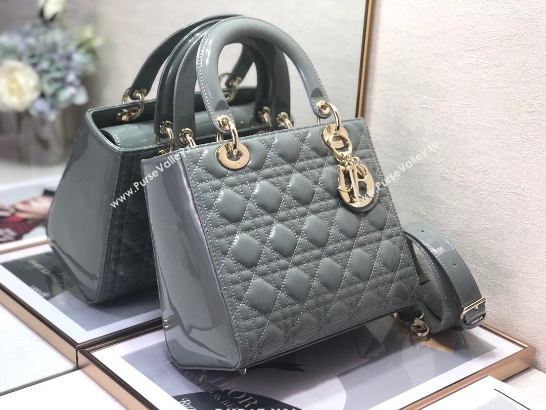 Dior Medium Lady Dior Bag in Cannage Patent Leather 44532 Grey/Gold 2024 (DMZ-24041627)