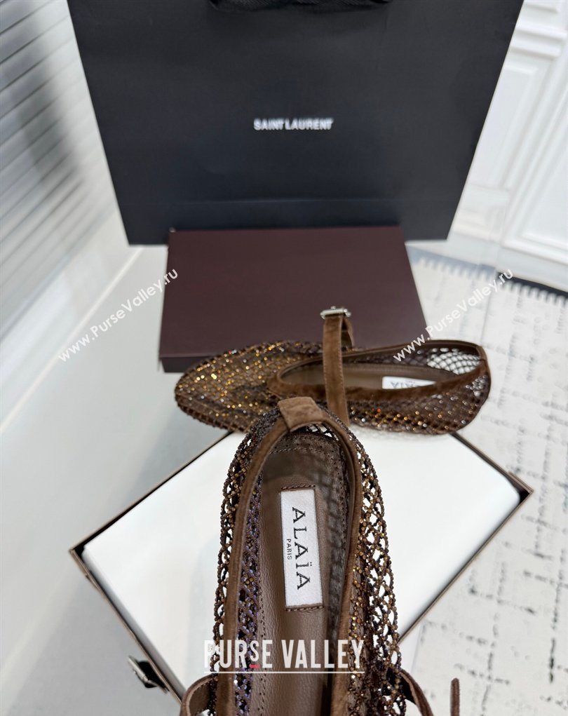 Alaia Ballet Flats in Fishnet and Suede with Strass Dark Brown 2025 AL020702 (KER-260207052)