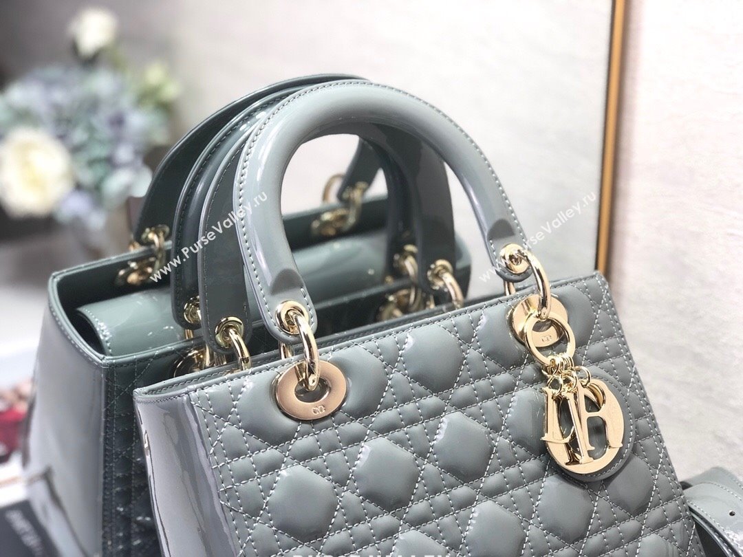 Dior Medium Lady Dior Bag in Cannage Patent Leather 44532 Grey/Gold 2024 (DMZ-24041627)