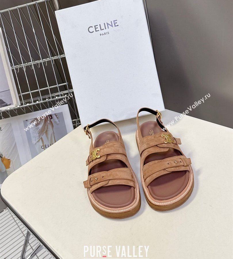 Celine Tippi Triomphe Flat Sandals in Suede Brown 2025 (SS-250709072)