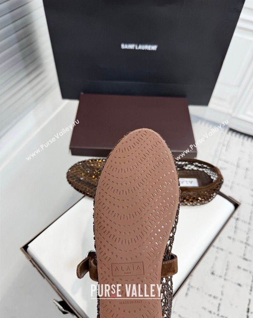 Alaia Ballet Flats in Fishnet and Suede with Strass Dark Brown 2025 AL020702 (KER-260207052)