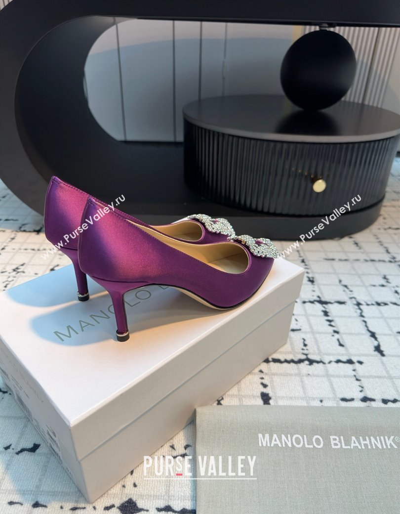 Manolo Blahnik Hangisi Satin Pumps 7cm with Strass Buckle Dark Purple 2024 1225 (KL-241225012)