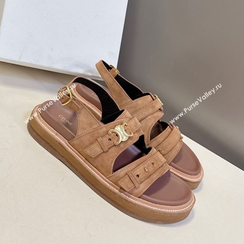 Celine Tippi Triomphe Flat Sandals in Suede Brown 2025 (SS-250709072)
