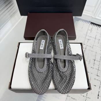 Alaia Ballet Flats in Fishnet and Suede with Strass Grey 2025 AL020702 (KER-260207053)