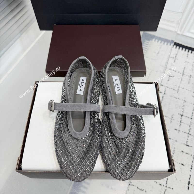 Alaia Ballet Flats in Fishnet and Suede with Strass Grey 2025 AL020702 (KER-260207053)