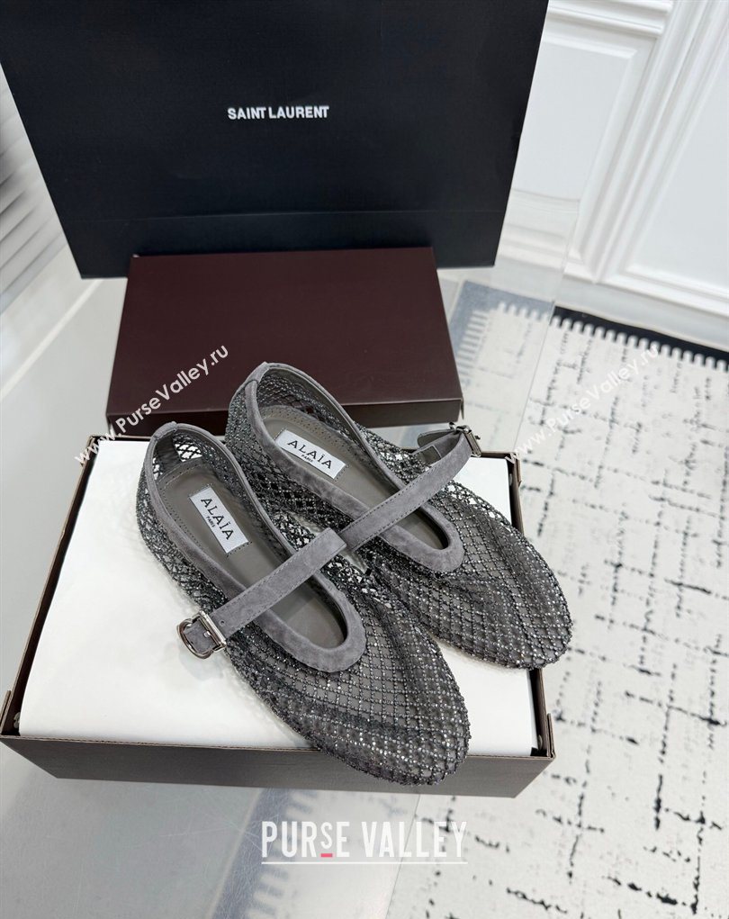 Alaia Ballet Flats in Fishnet and Suede with Strass Grey 2025 AL020702 (KER-260207053)