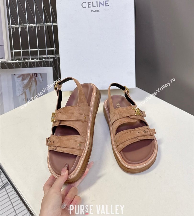 Celine Tippi Triomphe Flat Sandals in Suede Brown 2025 (SS-250709072)
