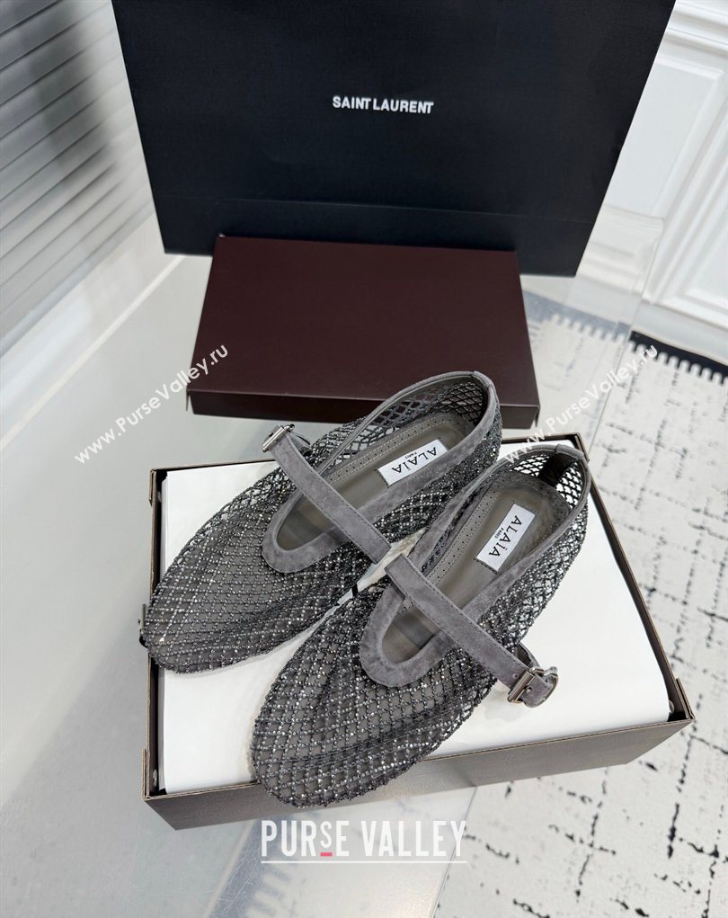 Alaia Ballet Flats in Fishnet and Suede with Strass Grey 2025 AL020702 (KER-260207053)