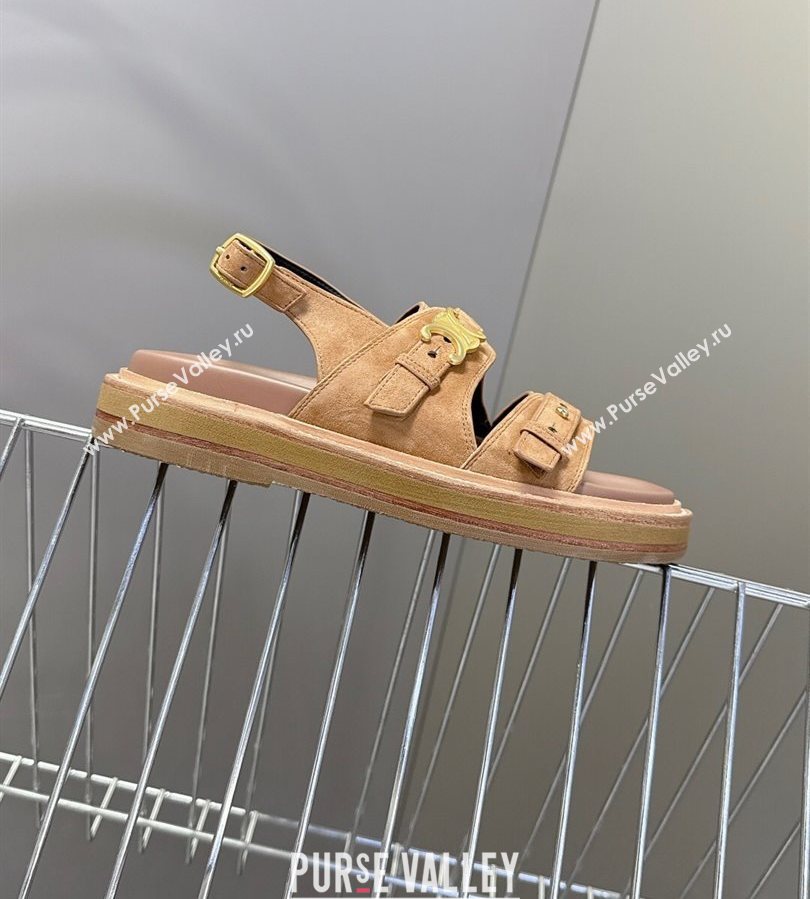 Celine Tippi Triomphe Flat Sandals in Suede Brown 2025 (SS-250709072)