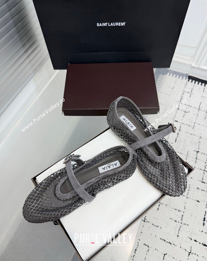 Alaia Ballet Flats in Fishnet and Suede with Strass Grey 2025 AL020702 (KER-260207053)