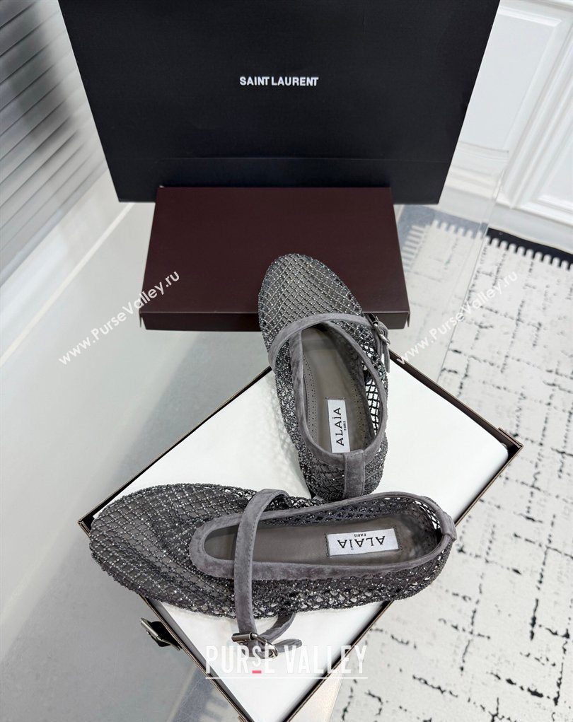 Alaia Ballet Flats in Fishnet and Suede with Strass Grey 2025 AL020702 (KER-260207053)
