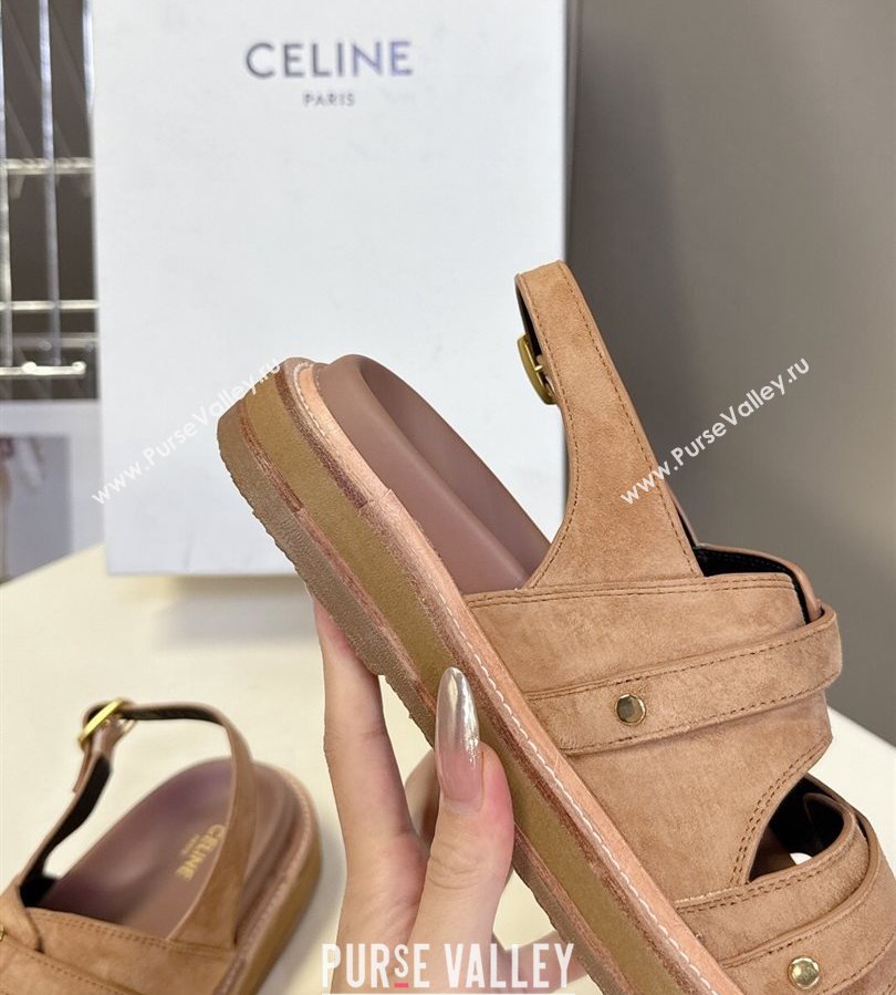 Celine Tippi Triomphe Flat Sandals in Suede Brown 2025 (SS-250709072)