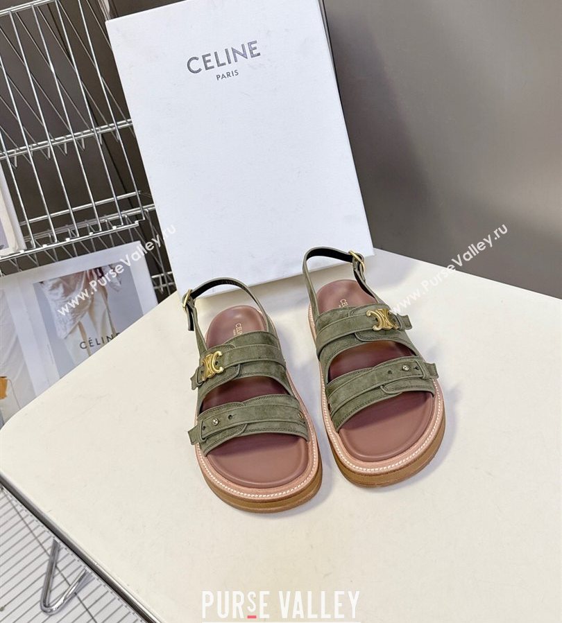 Celine Tippi Triomphe Flat Sandals in Suede Green 2025 (SS-250709073)