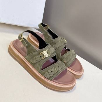 Celine Tippi Triomphe Flat Sandals in Suede Green 2025 (SS-250709073)