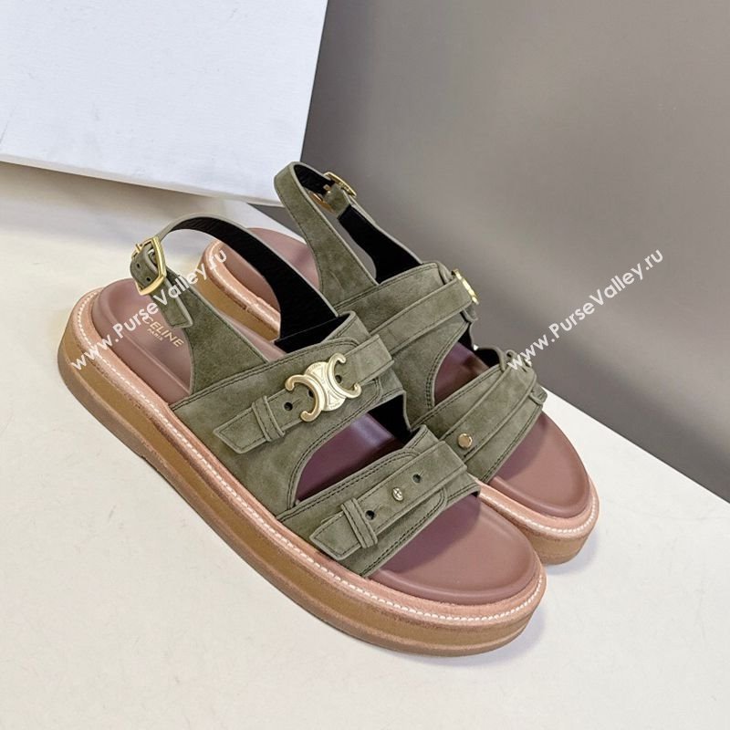 Celine Tippi Triomphe Flat Sandals in Suede Green 2025 (SS-250709073)